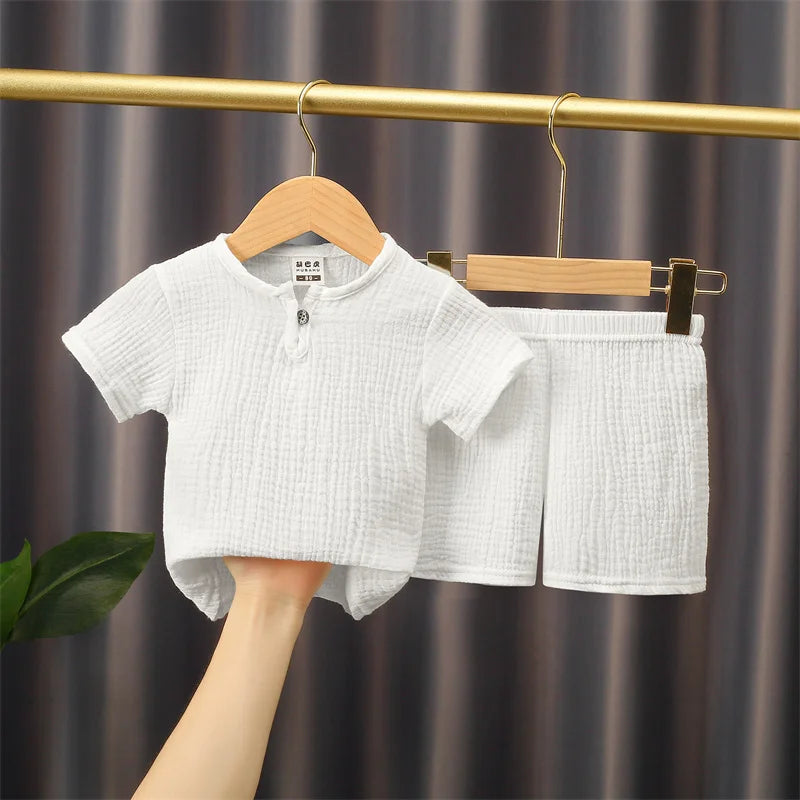 0-5Y Boys Girls Clothing Sets Summer Solid Cotton Linen T-shirts+Elasctic Shorts Kids Clothes Casual Clothing Sets for Children