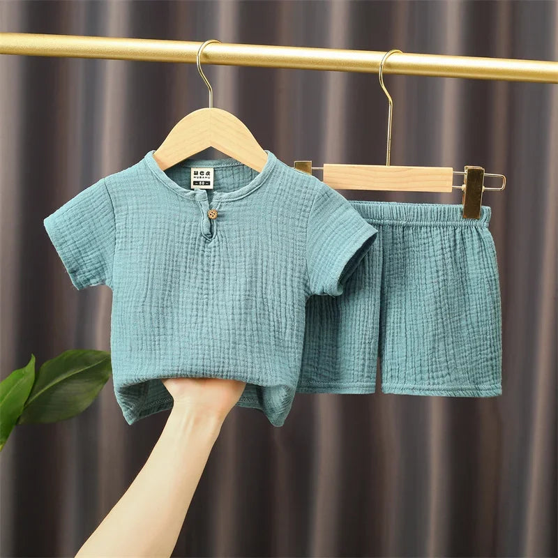 0-5Y Boys Girls Clothing Sets Summer Solid Cotton Linen T-shirts+Elasctic Shorts Kids Clothes Casual Clothing Sets for Children