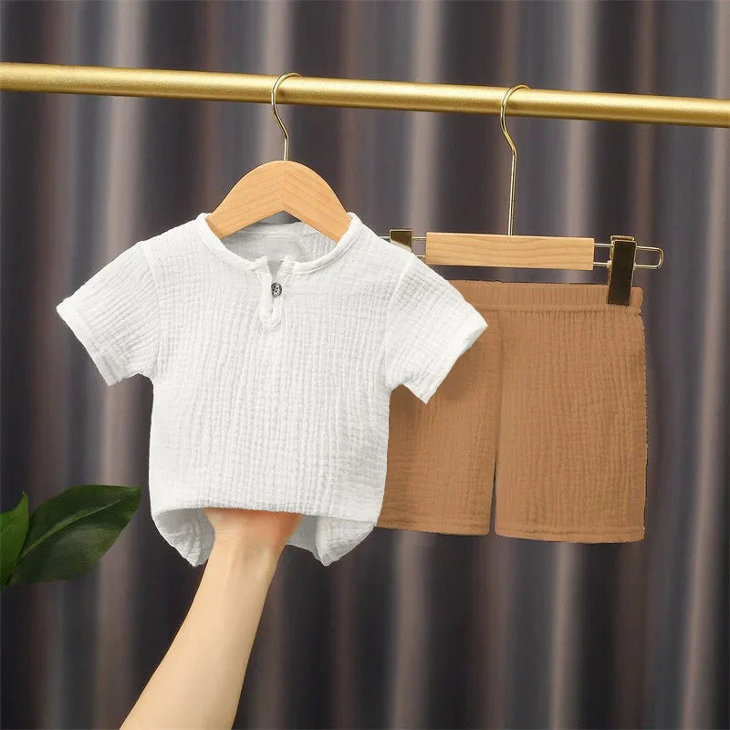 0-5Y Boys Girls Clothing Sets Summer Solid Cotton Linen T-shirts+Elasctic Shorts Kids Clothes Casual Clothing Sets for Children