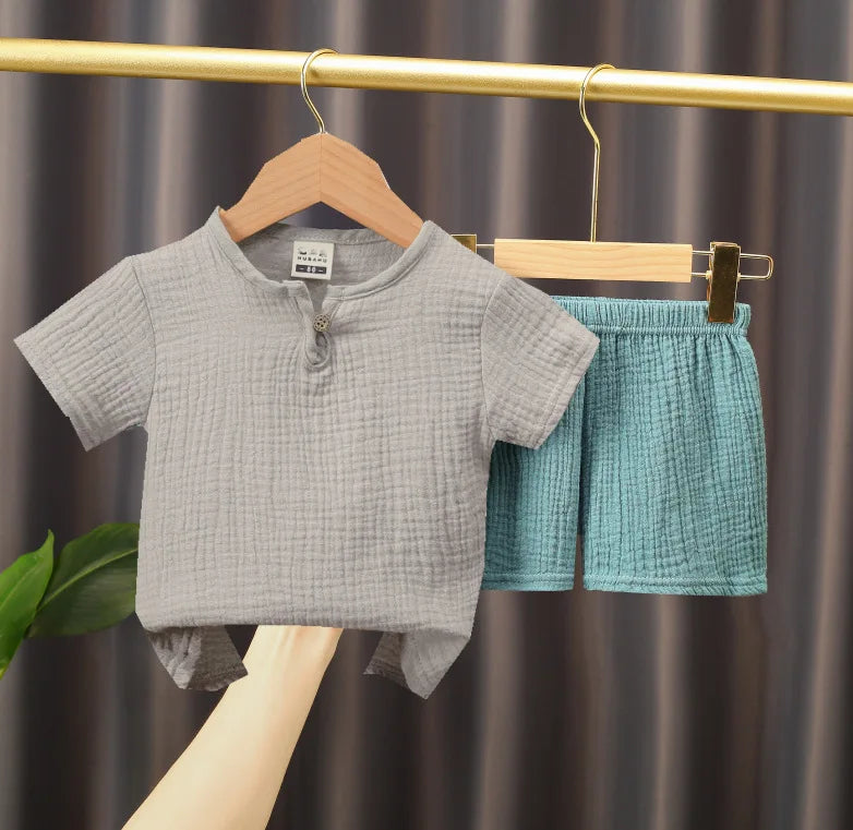 0-5Y Boys Girls Clothing Sets Summer Solid Cotton Linen T-shirts+Elasctic Shorts Kids Clothes Casual Clothing Sets for Children