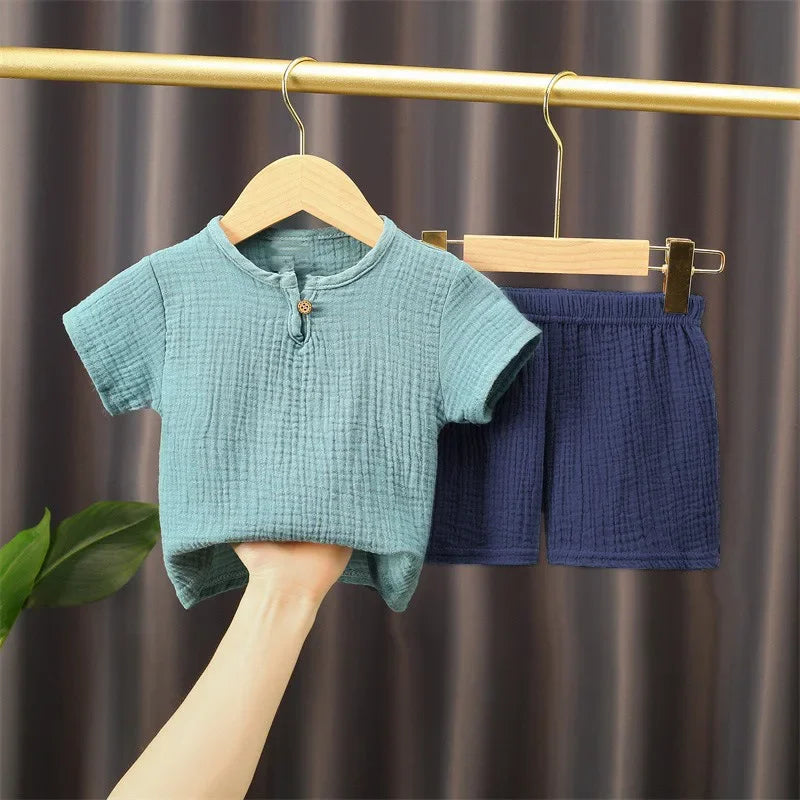 0-5Y Boys Girls Clothing Sets Summer Solid Cotton Linen T-shirts+Elasctic Shorts Kids Clothes Casual Clothing Sets for Children