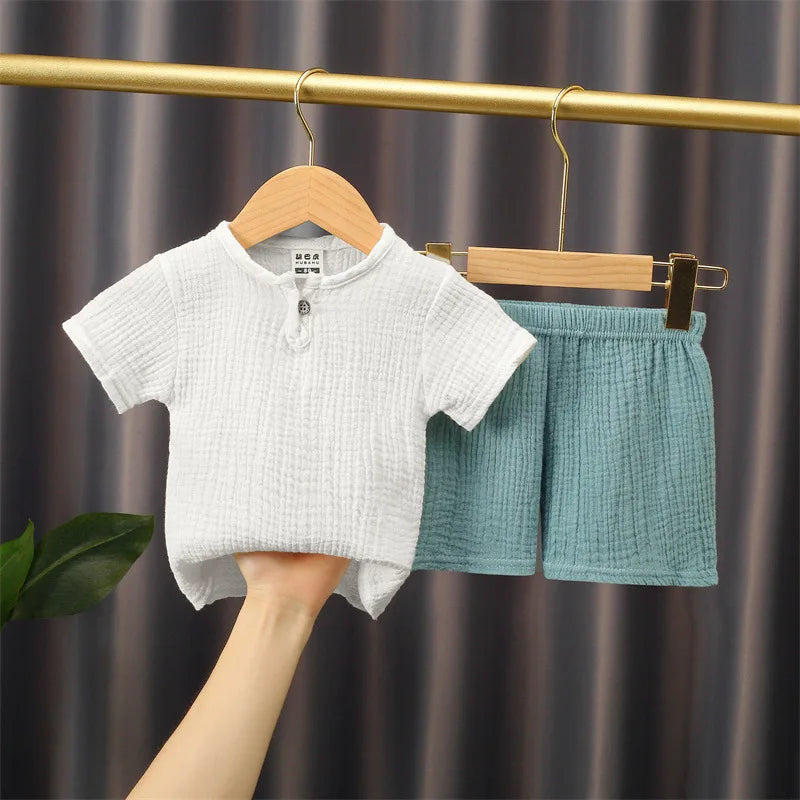 0-5Y Boys Girls Clothing Sets Summer Solid Cotton Linen T-shirts+Elasctic Shorts Kids Clothes Casual Clothing Sets for Children