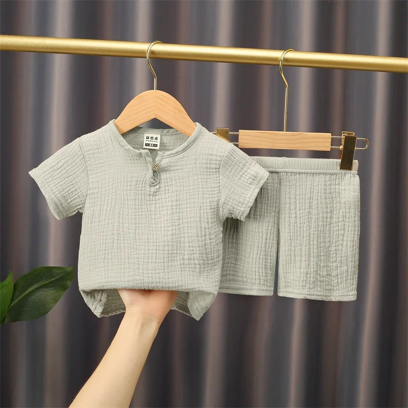 0-5Y Boys Girls Clothing Sets Summer Solid Cotton Linen T-shirts+Elasctic Shorts Kids Clothes Casual Clothing Sets for Children