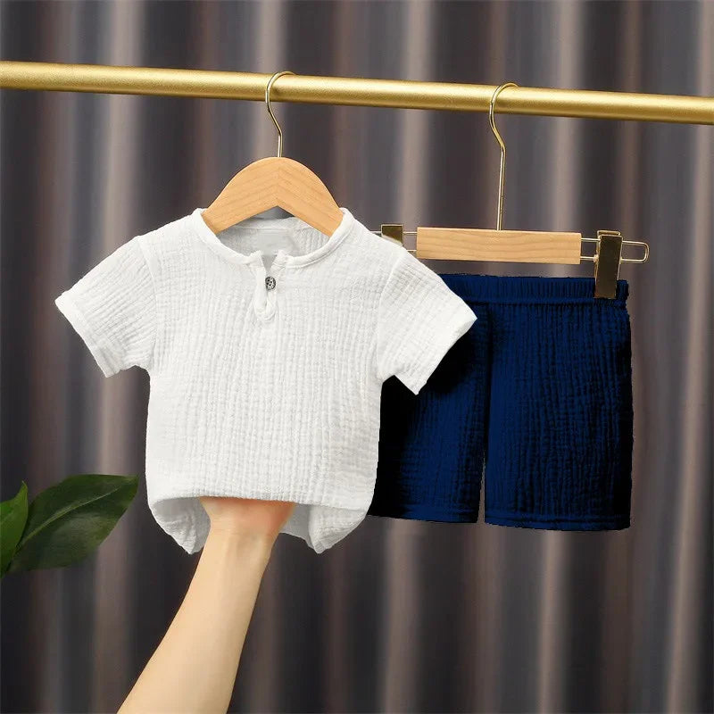 0-5Y Boys Girls Clothing Sets Summer Solid Cotton Linen T-shirts+Elasctic Shorts Kids Clothes Casual Clothing Sets for Children